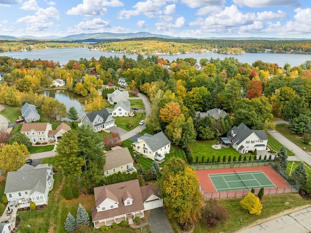 bird's eye view featuring a water and mountain view