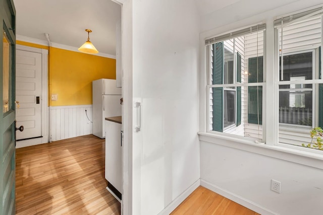 kitchen with ornamental molding, hanging light fixtures, hardwood / wood-style flooring, and white refrigerator