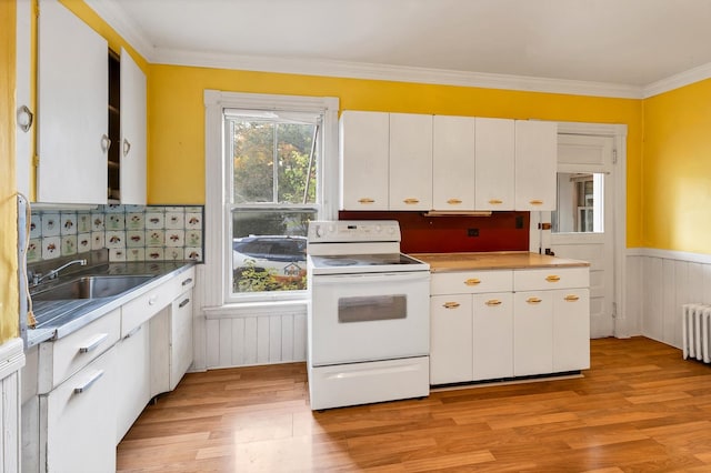 kitchen featuring white cabinetry, light wood-type flooring, crown molding, white range with electric stovetop, and sink