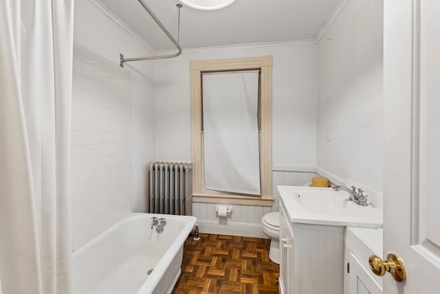 full bathroom featuring shower / tub combo, parquet flooring, radiator heating unit, toilet, and vanity