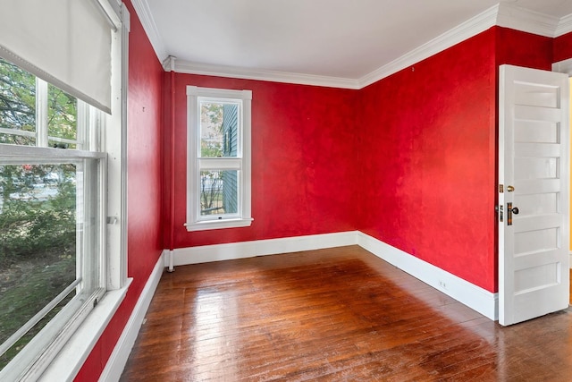 spare room featuring crown molding, a healthy amount of sunlight, and dark hardwood / wood-style flooring