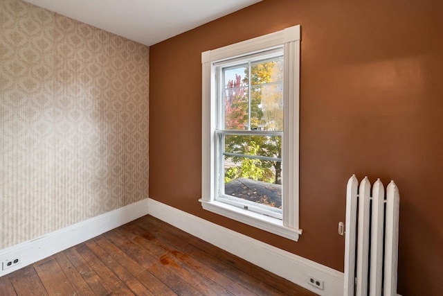 spare room featuring radiator and wood-type flooring