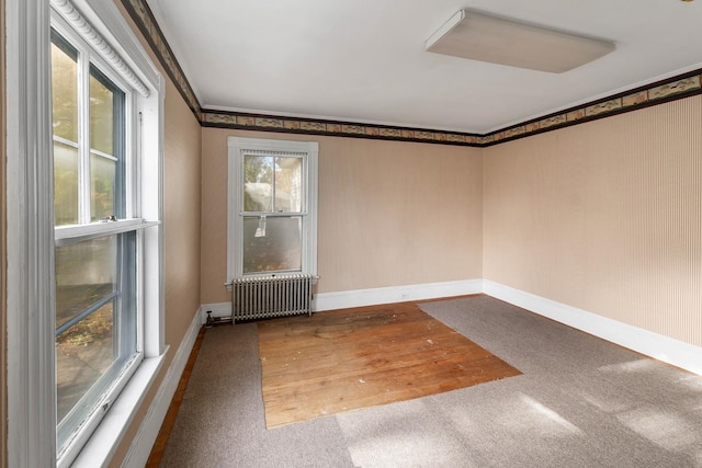 empty room featuring ornamental molding, carpet flooring, radiator, and a wealth of natural light