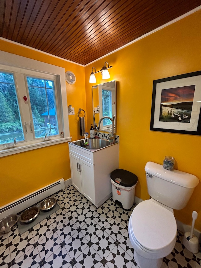 bathroom featuring wood ceiling, toilet, a baseboard heating unit, ornamental molding, and vanity