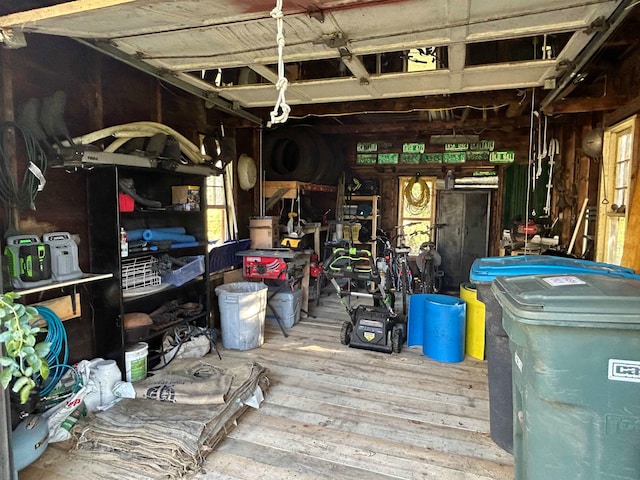 garage with wood walls