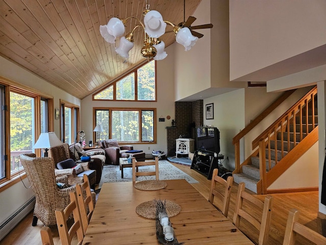 dining room with a baseboard radiator, a wood stove, wooden ceiling, high vaulted ceiling, and light hardwood / wood-style flooring