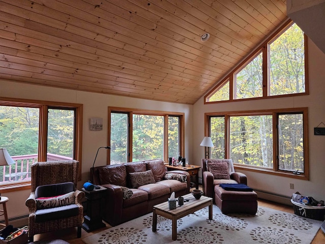 living room with a wealth of natural light, lofted ceiling, and wood ceiling