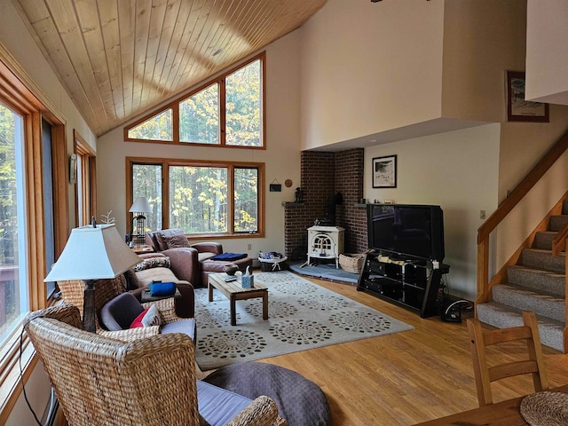 living room featuring a wood stove, a healthy amount of sunlight, high vaulted ceiling, and wood ceiling