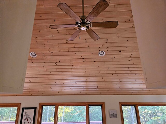 room details featuring ceiling fan and wooden ceiling