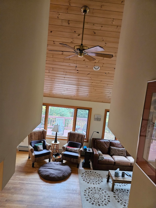 living room with light hardwood / wood-style flooring, ceiling fan, high vaulted ceiling, and wooden ceiling