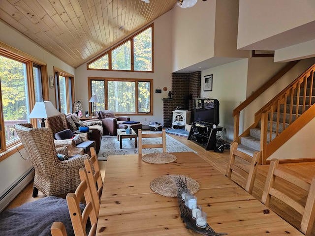 living room with high vaulted ceiling, a wood stove, light hardwood / wood-style flooring, and plenty of natural light