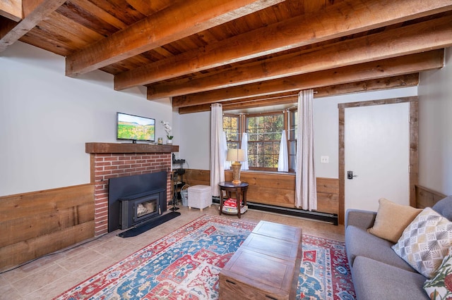 living room featuring beam ceiling, a baseboard heating unit, light tile patterned flooring, and wooden ceiling