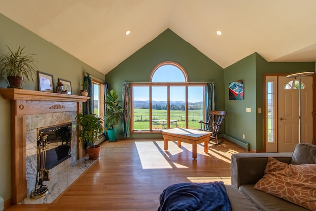 living room featuring a baseboard radiator, high vaulted ceiling, light hardwood / wood-style flooring, a fireplace, and a mountain view