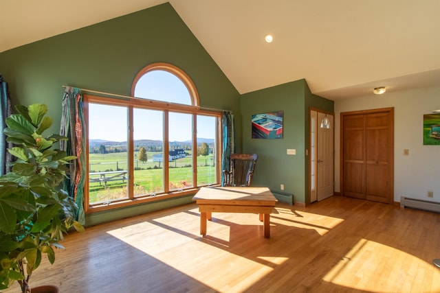 interior space featuring a baseboard radiator, light hardwood / wood-style flooring, a mountain view, and high vaulted ceiling