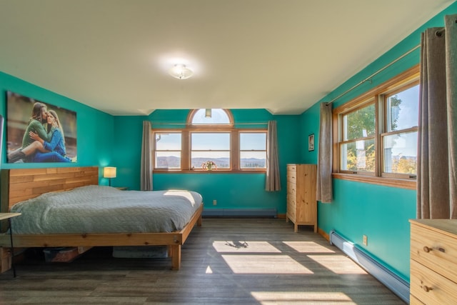 bedroom with dark hardwood / wood-style floors and a baseboard radiator