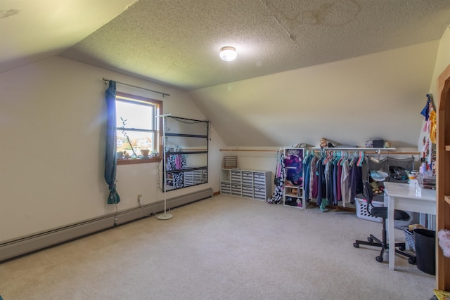 bonus room featuring a textured ceiling, carpet, vaulted ceiling, and a baseboard heating unit