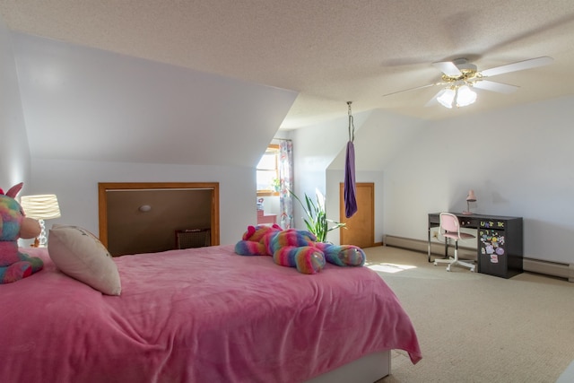 bedroom with ceiling fan, light carpet, a textured ceiling, and vaulted ceiling