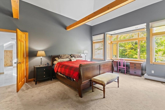 bedroom with beam ceiling, light carpet, and a baseboard heating unit