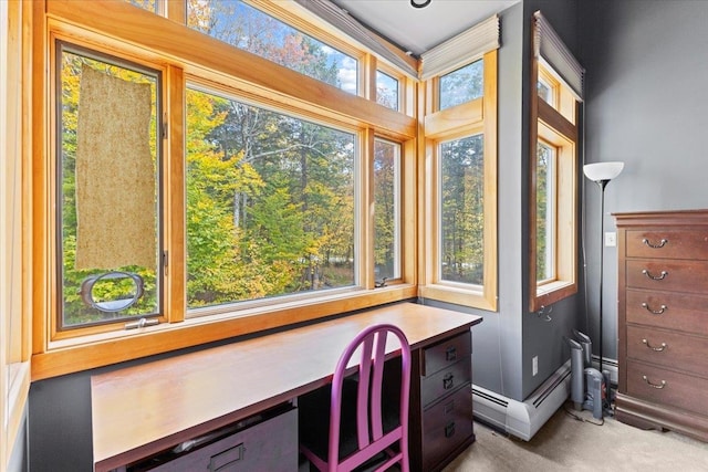 office area featuring a baseboard radiator and carpet floors