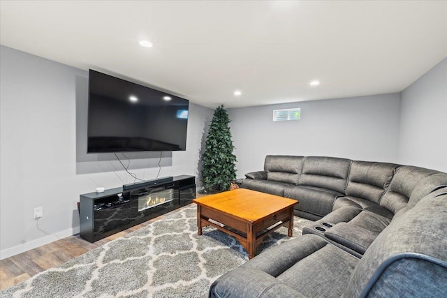 living room with a tiled fireplace and wood-type flooring