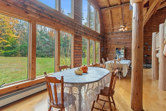 dining area featuring wood ceiling, high vaulted ceiling, a baseboard heating unit, and light wood-type flooring