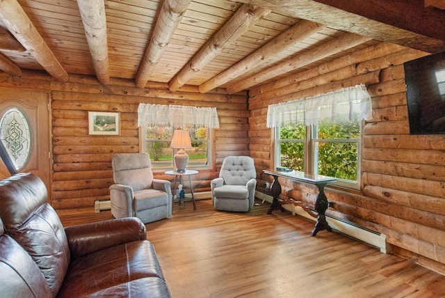 living room with beam ceiling, a baseboard radiator, wood ceiling, log walls, and light hardwood / wood-style flooring