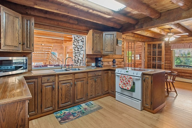 kitchen with kitchen peninsula, beam ceiling, white electric range oven, light hardwood / wood-style flooring, and sink