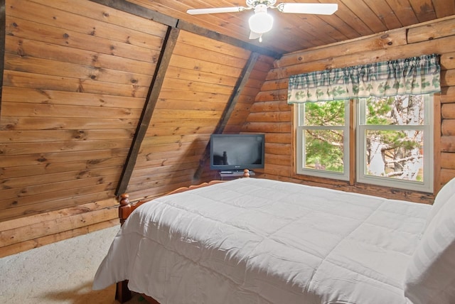 bedroom featuring lofted ceiling, ceiling fan, and wooden ceiling