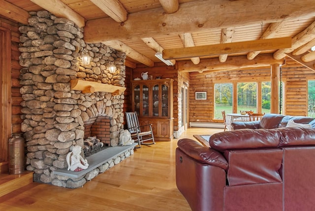 living room with a stone fireplace, beam ceiling, wooden ceiling, rustic walls, and light wood-type flooring