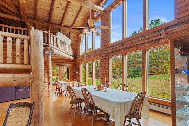 dining space featuring wooden ceiling, a baseboard radiator, high vaulted ceiling, and plenty of natural light