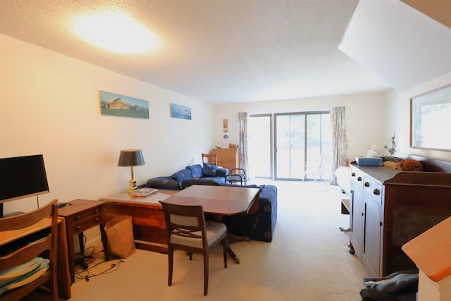 bedroom featuring light carpet and a textured ceiling