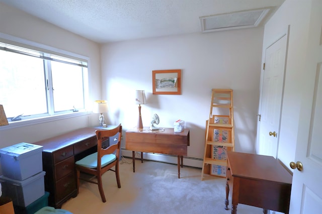 office featuring light carpet, a textured ceiling, and baseboard heating