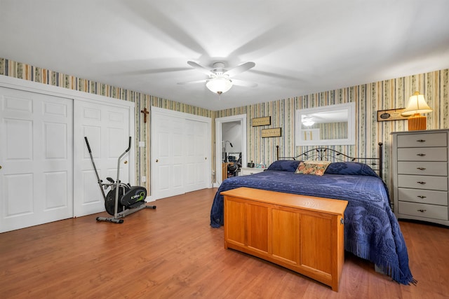 bedroom featuring hardwood / wood-style floors, ceiling fan, and multiple closets