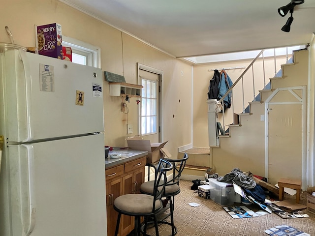 kitchen with ornamental molding, white fridge, and a wealth of natural light