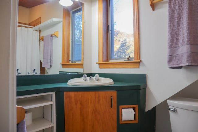 bathroom featuring vanity, toilet, and walk in shower