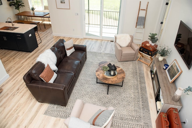 living room with sink, wood-type flooring, and a wealth of natural light