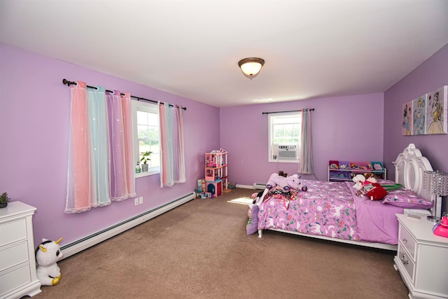 carpeted bedroom featuring a baseboard radiator and cooling unit