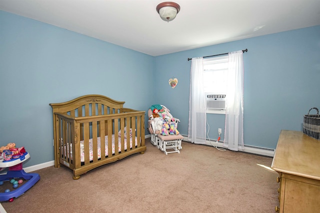 carpeted bedroom with cooling unit and a nursery area