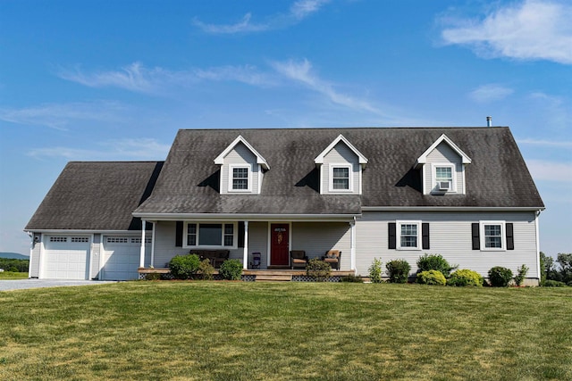 cape cod house with a front yard, a porch, cooling unit, and a garage