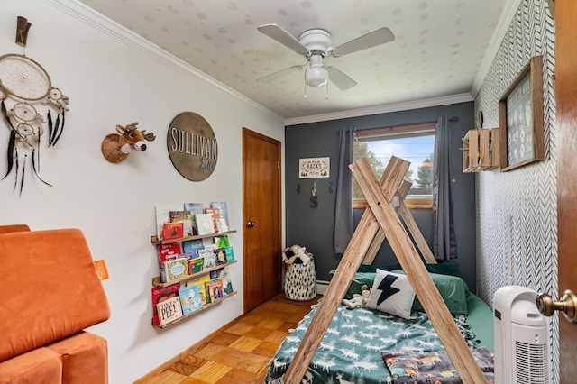 bedroom with crown molding, parquet floors, and ceiling fan