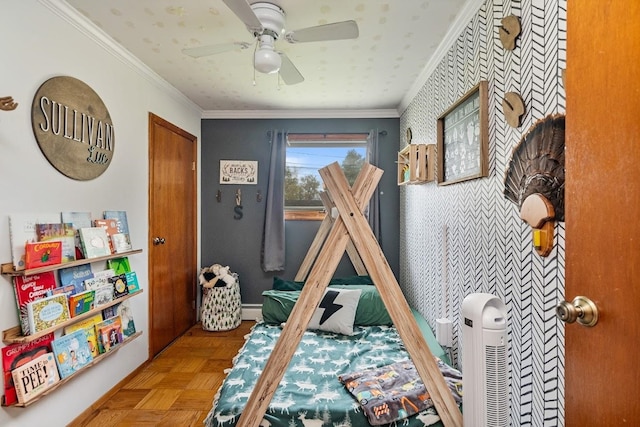 bedroom featuring ornamental molding, parquet floors, and ceiling fan