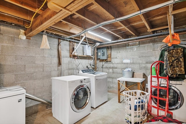 clothes washing area with electric panel and washer and clothes dryer