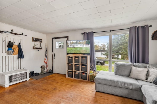 living room with ornamental molding and hardwood / wood-style floors