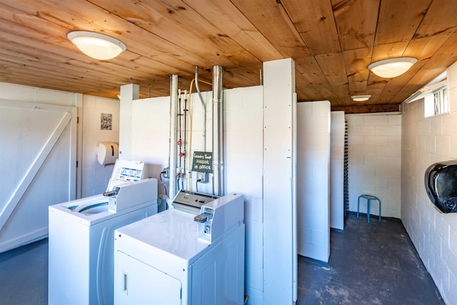 clothes washing area featuring washer and dryer and wooden ceiling