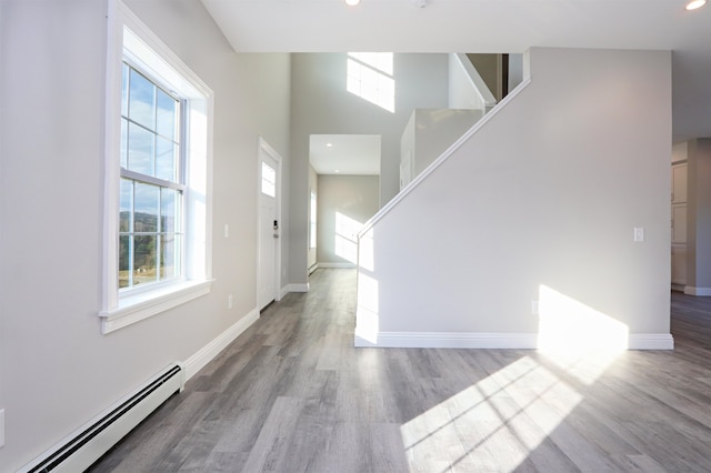 foyer featuring a baseboard radiator, light hardwood / wood-style flooring, and a healthy amount of sunlight