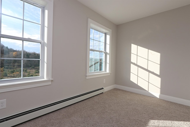 carpeted empty room with baseboard heating