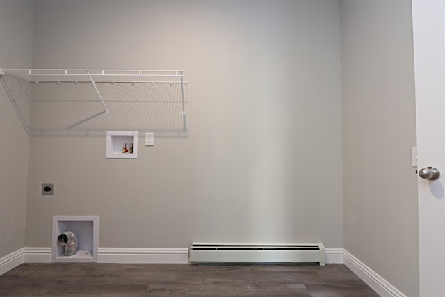 laundry room featuring hookup for a washing machine, dark hardwood / wood-style floors, baseboard heating, and electric dryer hookup