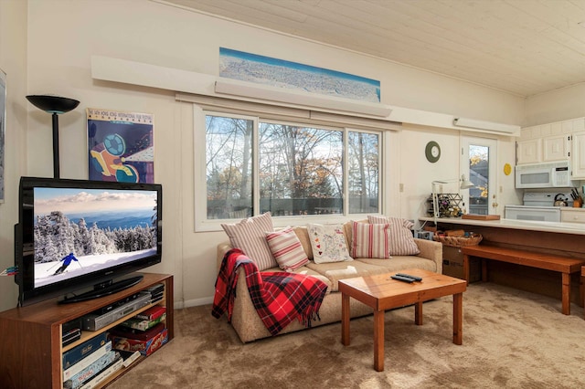 living room featuring light carpet and wood ceiling