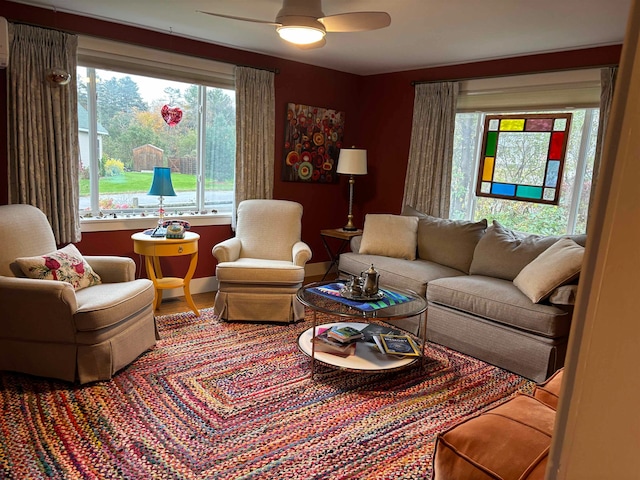 living room featuring ceiling fan