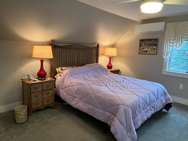 carpeted bedroom with vaulted ceiling, a wall mounted AC, and ceiling fan